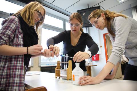 Schülerinnen führen ein naturwissenschaftliches Experiment durch.