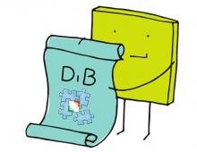 Grafische Darstellung: Eine Figur hält ein gerolltes Blatt hoch, auf dem die Buchstaben DiB (für Digitalisierungsbeauftragte) sowie ein Puzzle zu sehen sind. 