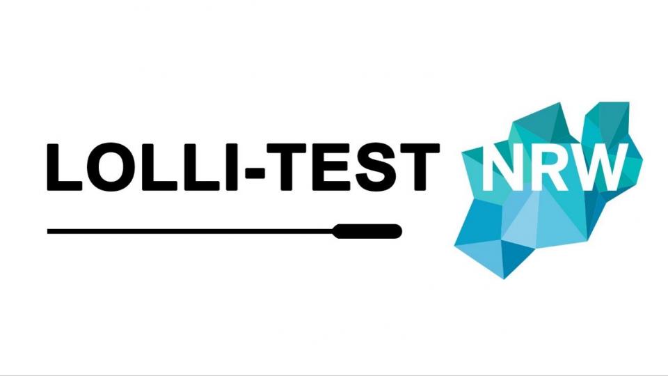 Schriftzug Logo Lolli-Test NRW, darunter grafische Darstellung eines Teststäbchens. Schriftzug Logo Lolli-Test NRW, darunter grafische Darstellung eines Teststäbchens.