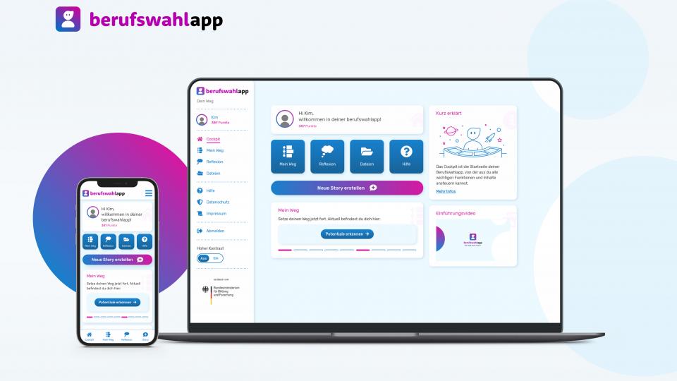 Darstellung der berufswahlapp auf den Bildschirmen eines Handys und eines Laptops. Darstellung der berufswahlapp auf den Bildschirmen eines Handys und eines Laptops.