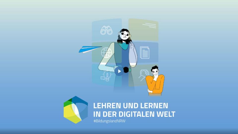 Die Startseite www.lernen-digital.nrw zeigt vereinfacht dargestellt zwei Lehrkräfte und das Motto "Lehren und Lernen in der digitalen Welt".