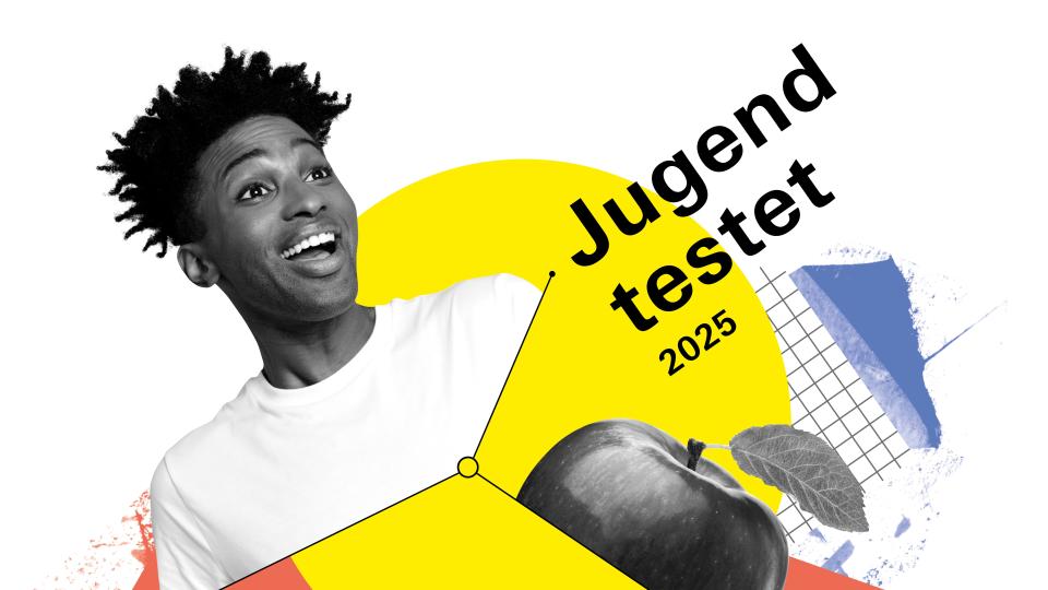 Logo des Wettbewerbs "Jugend testet 2025" mit einem Jugendlichen, Tennisschlägern und einem Apfel.