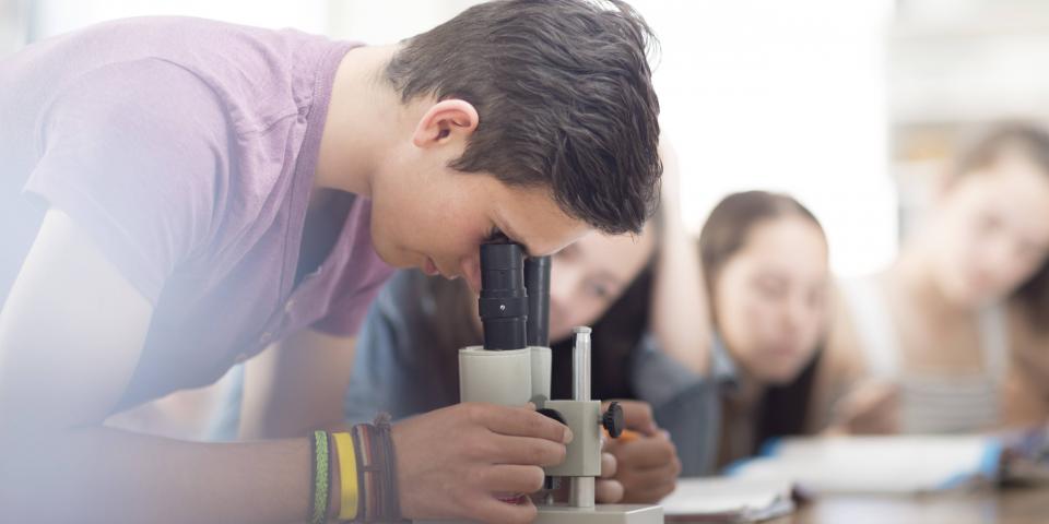 Schüler schaut im Unterricht durch ein Mikroskop. Schüler schaut im Unterricht durch ein Mikroskop.