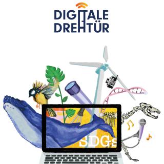 Symbolisch für viele verschiedenen Themen des Programms Digitale Drehtür sieht man auf einem Laptopbildschirm einen Wal, eine Pflanze, ein Skelett, eine Mikrofon und Noten, einen DNA-Strang, einen Vogel, ein Windrad und eine Fotokamera.