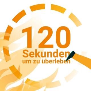 Zwei Personen rennen vor einem Feuer davon, dazu der Schriftzug "120 Sekunden um zu überleben".