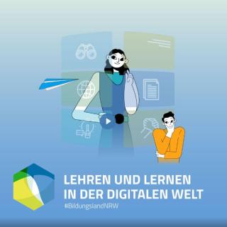 Die Startseite www.lernen-digital.nrw zeigt vereinfacht dargestellt zwei Lehrkräfte und das Motto "Lehren und Lernen in der digitalen Welt".