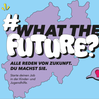 Eine Umrisskarte von NRW mit der Überschrift "What the Future?"