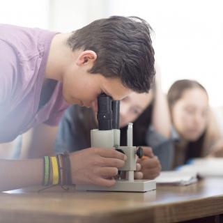 Schüler schaut im Unterricht durch ein Mikroskop.