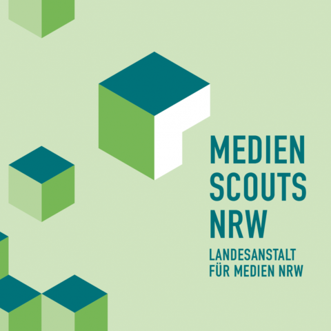 Logo der Medienscouts NRW (Schriftzug und grafische Darstellung von Würfeln)